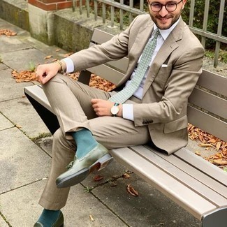 Mint Print Tie Outfits For Men: For an outfit that's refined and GQ-worthy, make a tan suit and a mint print tie your outfit choice. You can get a little creative with shoes and finish off with a pair of dark green leather tassel loafers.