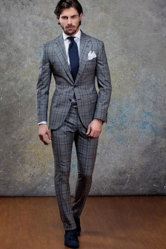 Charcoal Check Wool Suit Outfits: For an outfit that's classy and GQ-worthy, consider teaming a charcoal check wool suit with a white dress shirt. When not sure about the footwear, introduce navy suede tassel loafers to this ensemble.