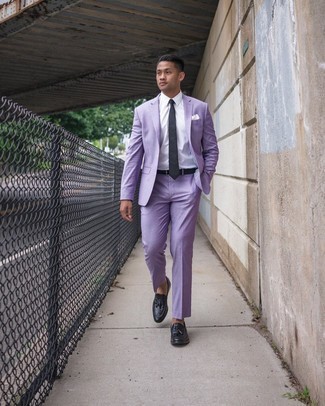Light Violet Suit Outfits: Reach for a light violet suit and a white dress shirt for a seriously dapper ensemble. Infuse a more casual vibe into this outfit by rocking a pair of black leather tassel loafers.