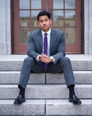 Dark Purple Print Pocket Square Outfits: If you're on a mission for a laid-back but also stylish outfit, make a blue suit and a dark purple print pocket square your outfit choice. Feeling bold today? Switch up your getup by sporting a pair of black leather tassel loafers.