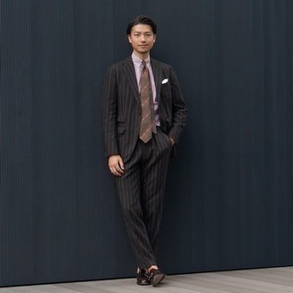 Men's Black Vertical Striped Suit, Pink Dress Shirt, Dark Brown Leather Tassel Loafers, Brown Horizontal Striped Tie