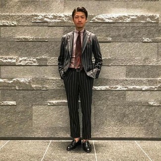 Men's Black and White Vertical Striped Suit, Pink Dress Shirt, Black Leather Tassel Loafers, Burgundy Paisley Tie