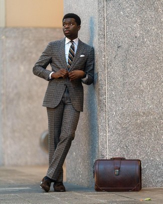 Brown Horizontal Striped Tie Outfits For Men: This classy combination of a grey check wool suit and a brown horizontal striped tie will be a good manifestation of your outfit coordination expertise. Complement this getup with dark brown suede tassel loafers to easily boost the cool of this outfit.