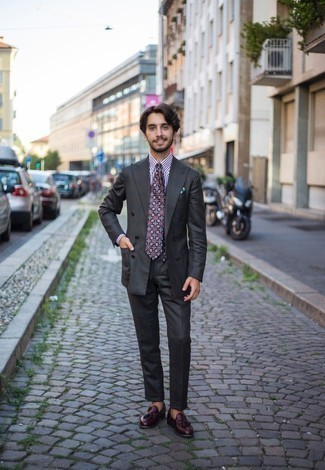 Men's Charcoal Plaid Suit, Violet Vertical Striped Dress Shirt, Burgundy Leather Tassel Loafers, Navy Print Tie
