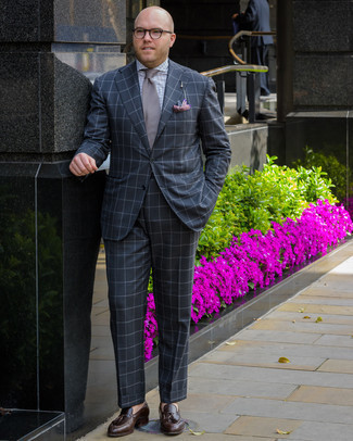 Burgundy Print Pocket Square Summer Outfits: If you're looking for an off-duty but also dapper look, make a navy check suit and a burgundy print pocket square your outfit choice. To introduce an extra dimension to this outfit, throw in a pair of dark brown leather tassel loafers. Loving that this look is ideal come summertime.
