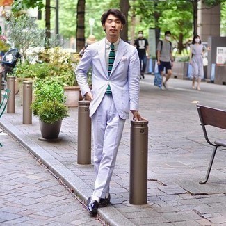 Men's Light Blue Suit, White Dress Shirt, Navy Leather Tassel Loafers, Green Horizontal Striped Tie