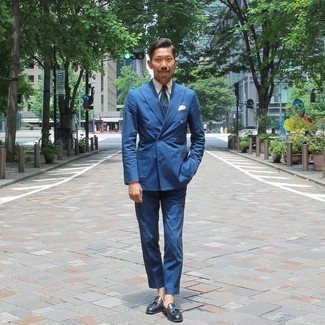 Men's Blue Suit, Yellow Vertical Striped Dress Shirt, Navy Leather Tassel Loafers, Navy and Green Horizontal Striped Tie