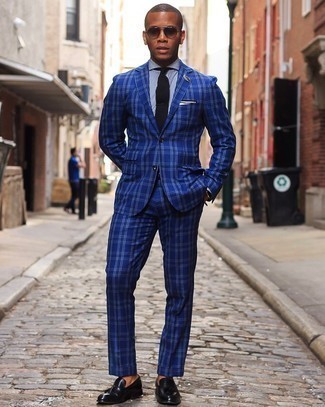 Blue Plaid Suit Outfits: This combo of a blue plaid suit and a white and black vertical striped dress shirt is a never-failing option when you need to look polished and truly smart. When it comes to footwear, this look pairs really well with black leather tassel loafers.
