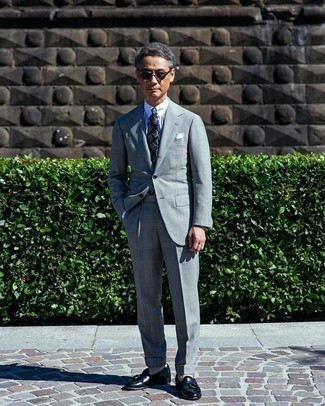 Men's Grey Plaid Suit, White and Navy Vertical Striped Dress Shirt, Navy Leather Tassel Loafers, Navy and White Print Tie