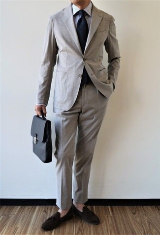 Men's Grey Suit, White Check Dress Shirt, Dark Brown Suede Tassel Loafers, Black Leather Briefcase