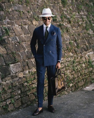 White Wool Hat Outfits For Men: Make a navy vertical striped suit and a white wool hat your outfit choice if you wish to look cool and casual without spending too much time. Amp up the cool of your ensemble by finishing with dark brown leather tassel loafers.