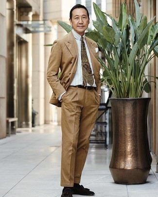 Men's Tan Suit, White and Blue Vertical Striped Dress Shirt, Dark Brown Suede Tassel Loafers, Brown Paisley Tie