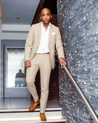 Beige Gingham Suit Outfits: This combo of a beige gingham suit and a white dress shirt can only be described as seriously stylish and elegant. Tobacco leather tassel loafers look perfect rounding off your look.
