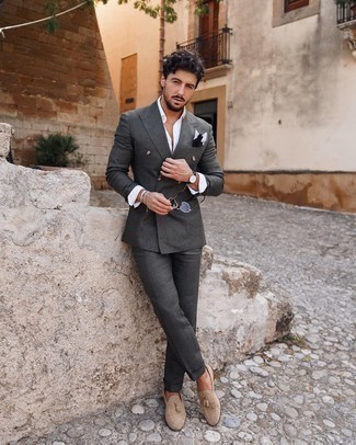 Men's Charcoal Suit, White Dress Shirt, Beige Suede Tassel Loafers, White and Black Pocket Square