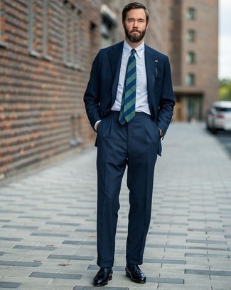 Men's Navy Suit, Light Blue Vertical Striped Dress Shirt, Navy Leather Tassel Loafers, Navy and Green Horizontal Striped Tie