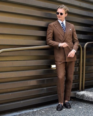 Black Woven Leather Tassel Loafers Outfits: Consider teaming a brown suit with a white dress shirt if you're aiming for a proper, sharp look. Add black woven leather tassel loafers to the mix to infuse a sense of stylish effortlessness into this look.