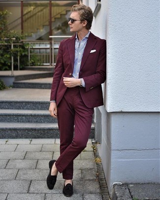 Men's Burgundy Suit, White and Navy Vertical Striped Dress Shirt, Black Suede Tassel Loafers, White Paisley Pocket Square