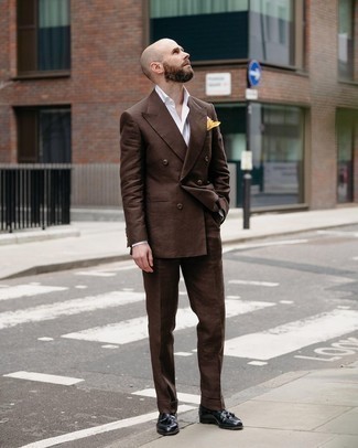 Black Leather Tassel Loafers Outfits: Go all out in a dark brown suit and a white dress shirt. For times when this ensemble looks all-too-polished, tone it down by wearing a pair of black leather tassel loafers.
