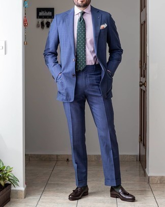 Dark Green Floral Tie Outfits For Men: You're looking at the indisputable proof that a blue plaid suit and a dark green floral tie are awesome when teamed together in a refined outfit for a modern gentleman. Our favorite of an infinite number of ways to round off this ensemble is a pair of dark brown leather tassel loafers.