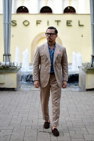 Pink Pocket Square Outfits: For a goofproof casual option, you can always rely on this combination of a tan vertical striped suit and a pink pocket square. And it's amazing what dark brown suede tassel loafers can do for the look.