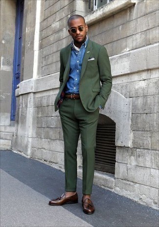 Men's Olive Suit, Blue Chambray Dress Shirt, Brown Leather Tassel Loafers, White Bandana
