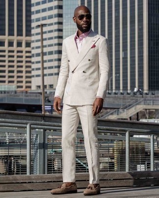 Tan Canvas Tassel Loafers Outfits: Rock a beige suit with a pink vertical striped dress shirt and you'll look like a true fashion guru. Complement this outfit with a pair of tan canvas tassel loafers et voila, this outfit is complete.