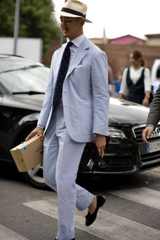 Blue Suede Tassel Loafers Outfits: A light blue vertical striped seersucker suit and a white dress shirt are among the fundamental elements of a versatile closet. Blue suede tassel loafers tie the outfit together.