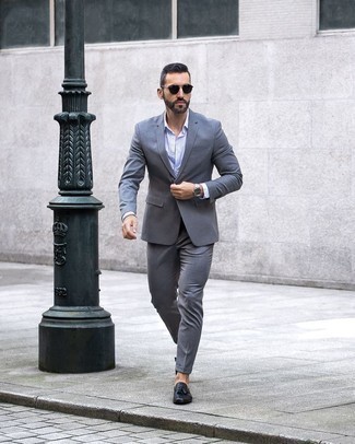 Black Sunglasses Dressy Outfits For Men: For an off-duty outfit, wear a grey suit and black sunglasses — these pieces play really well together. To introduce a bit of classiness to this ensemble, introduce a pair of black leather tassel loafers to the equation.