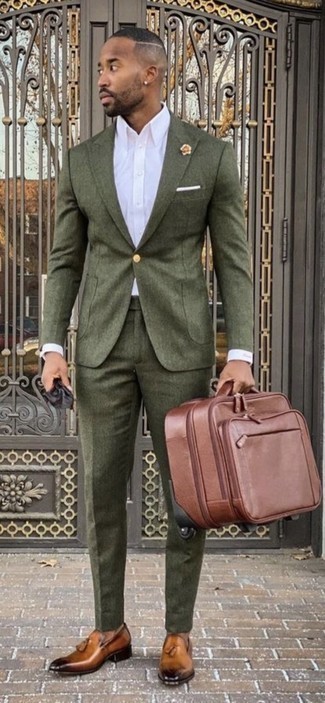 Men's Olive Suit, White Dress Shirt, Tobacco Leather Tassel Loafers, Brown Leather Holdall