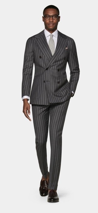 Beige Pocket Square Outfits: This casual combination of a charcoal vertical striped suit and a beige pocket square comes to rescue when you need to look sharp but have no time. Get a little creative with footwear and add a pair of dark brown leather tassel loafers to this ensemble.