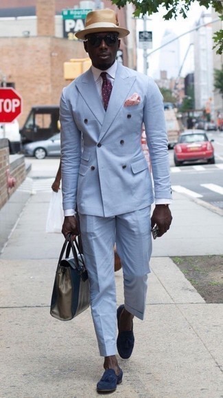 Tan Straw Hat Outfits For Men: This pairing of a light blue suit and a tan straw hat is pulled together and yet it's easy and ready for anything. And if you want to easily perk up this look with one item, why not complete this ensemble with a pair of navy suede tassel loafers?