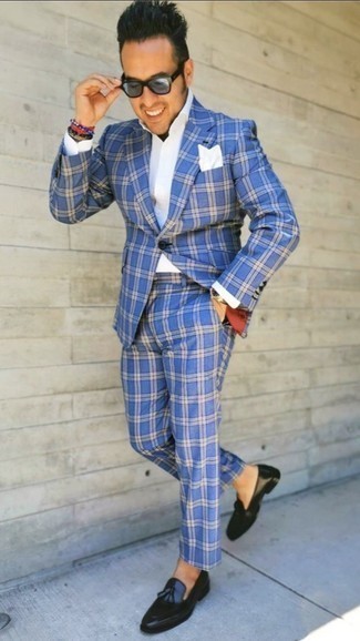 Light Blue Sunglasses Outfits For Men: You're looking at the irrefutable proof that a blue plaid suit and light blue sunglasses look amazing when matched together in a relaxed ensemble. Add black leather tassel loafers to the mix for an added touch of elegance.
