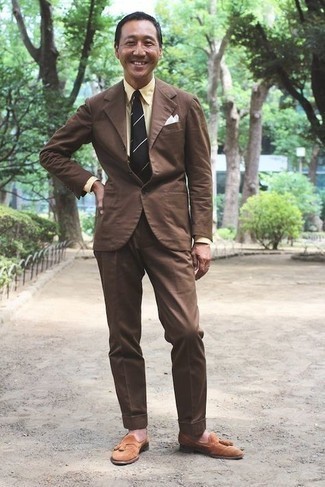 Men's Brown Suit, Yellow Dress Shirt, Tobacco Suede Tassel Loafers, Black and White Horizontal Striped Tie