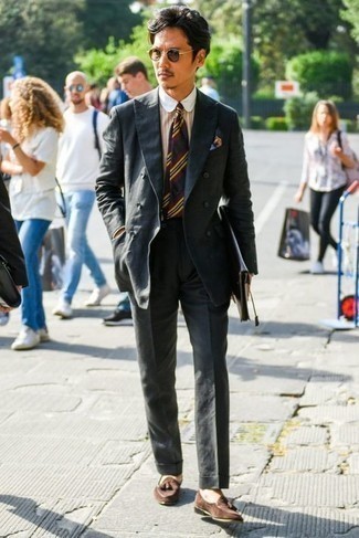 Men's Charcoal Suit, White Vertical Striped Dress Shirt, Dark Brown Suede Tassel Loafers, Black Leather Zip Pouch