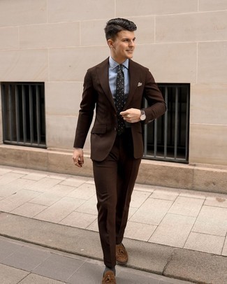 Men's Dark Brown Suit, Light Blue Dress Shirt, Brown Suede Tassel Loafers, Charcoal Paisley Tie