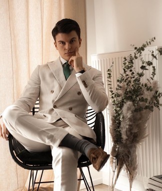 Men's Beige Suit, White Dress Shirt, Dark Brown Suede Tassel Loafers, Dark Green Tie