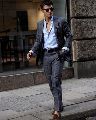Charcoal Check Suit Outfits: We're loving the way this pairing of a charcoal check suit and a light blue vertical striped dress shirt immediately makes a man look classy and sharp. A pair of dark brown suede tassel loafers can integrate smoothly within many combinations.