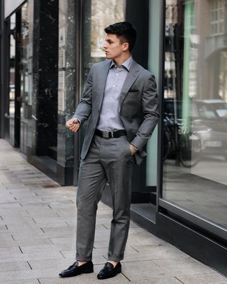 Men's Charcoal Suit, Grey Dress Shirt, Black Leather Tassel Loafers, Black Pocket Square