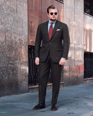 Dark Brown Plaid Wool Suit Outfits: A dark brown plaid wool suit and a light blue chambray dress shirt are essential in a versatile man's wardrobe. Our favorite of a myriad of ways to complete this outfit is with a pair of dark brown suede tassel loafers.