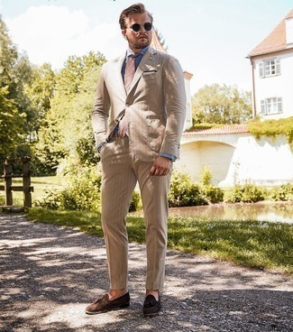White Pocket Square Dressy Outfits: The ideal foundation for killer laid-back style for men? A beige suit with a white pocket square. To introduce some extra flair to this look, introduce dark brown suede tassel loafers to this outfit.