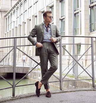 White Pocket Square Summer Outfits: This dapper look is super simple: an olive suit and a white pocket square. To bring a bit of flair to your getup, complement this look with dark brown suede tassel loafers. This getup is everything for hot summertime days.