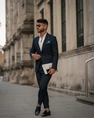 Blue Pocket Square Outfits: Such essentials as a navy vertical striped suit and a blue pocket square are an easy way to infuse extra cool into your daily casual lineup. Introduce navy leather tassel loafers to this ensemble to completely switch up the ensemble.