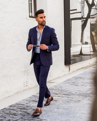 Blue Suit with Dress Shirt Dressy Outfits: A blue suit and a dress shirt make for the ultimate dapper style. With footwear, go for something on the laid-back end of the spectrum by finishing with a pair of dark brown leather tassel loafers.