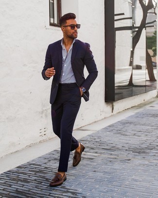 Men's Navy Suit, White and Navy Vertical Striped Dress Shirt, Dark Brown Leather Tassel Loafers, Black Sunglasses