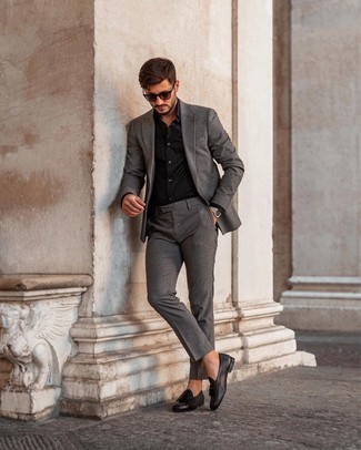 Black Dress Shirt Outfits For Men: Try pairing a black dress shirt with a charcoal wool suit if you're going for a proper, stylish outfit. A trendy pair of black leather tassel loafers is an effective way to power up your look.