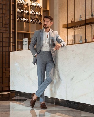 Grey Sunglasses Outfits For Men: This combination of a grey suit and grey sunglasses is pulled together and yet it looks laid-back enough and ready for anything. Level up your outfit with the help of a pair of dark brown leather tassel loafers.