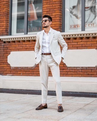 Men's White Suit, White Dress Shirt, Dark Brown Leather Tassel Loafers, Brown Leather Belt