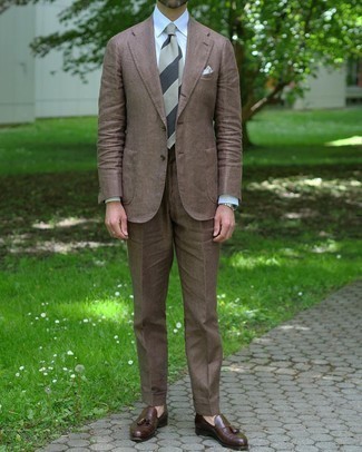 Men's Brown Suit, White Dress Shirt, Dark Brown Leather Tassel Loafers, Grey Horizontal Striped Tie