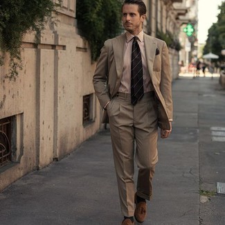 Tan Suit Outfits: To look neat and stylish, team a tan suit with a white and brown vertical striped dress shirt. Brown suede tassel loafers are a great idea to round off this outfit.
