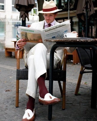 Men's White Suit, Pink Vertical Striped Dress Shirt, Dark Brown Leather Tassel Loafers, White Wool Hat